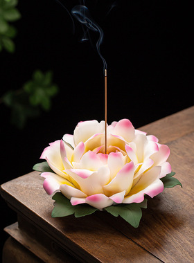 陶瓷捏牡丹花摆件莲花线香插创意禅意家居酒店客厅茶桌