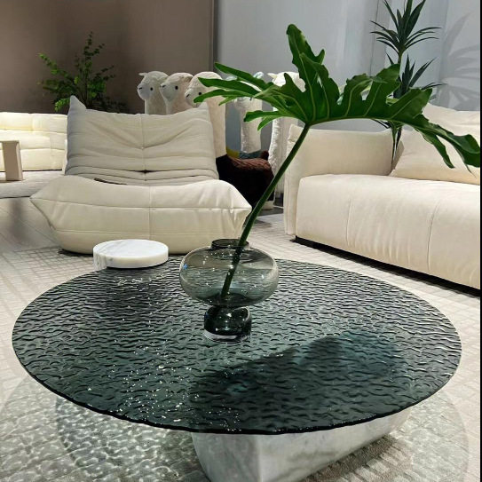 圆形水波纹玻璃茶几客厅意式天然大理石样板房设计师创意茶几