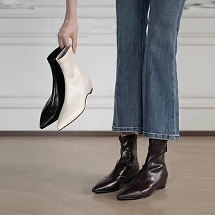真皮复古内增高瘦瘦短靴女2025秋冬新款气质尖头时装靴平底弹力靴