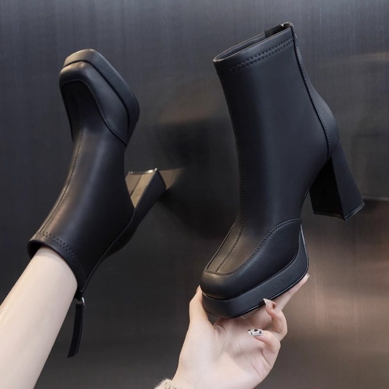 真皮高跟鞋女小个子防水台增高马丁靴秋冬季新款加绒短靴粗跟单靴