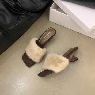 羊皮版~仙女风毛毛拖鞋女外穿秋冬方头名媛高级感坡跟高跟凉拖鞋