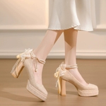 蝴蝶结珍珠链双层防水台玛丽珍婚鞋仙女风配裙子厚底粗跟高跟鞋女