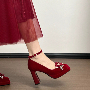 羊皮版~ 超好看红色婚鞋女粗跟防水台增高新娘鞋婚礼婚宴高跟鞋女