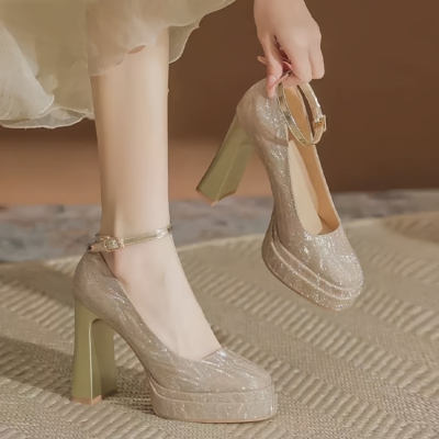 香槟色高跟鞋女粗跟双层防水台