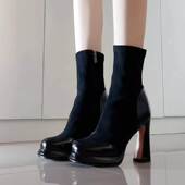 小个子法式 复古方头高跟短靴女厚底粗跟弹力靴子真皮防水台瘦瘦靴