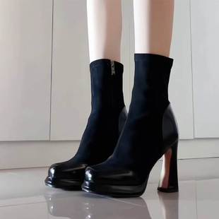 小个子法式复古方头高跟短靴女厚底粗跟弹力靴子真皮防水台瘦瘦靴