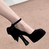 性感黑色蝴蝶结粗跟浅口玛丽珍鞋 双层防水台高跟单鞋 女2026年新款