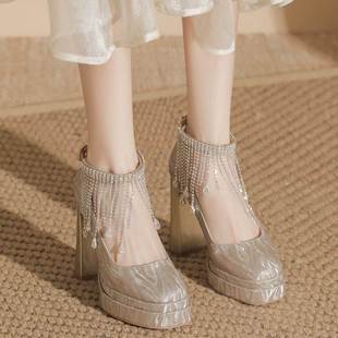 水晶绝美高跟鞋女粗跟配裙子防水台禾秀婚纱两穿18成人礼新娘婚鞋