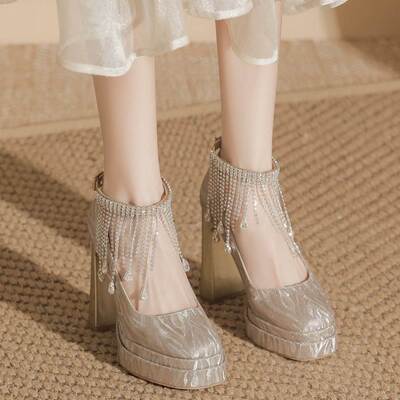 水晶绝美高跟鞋女粗跟配裙子