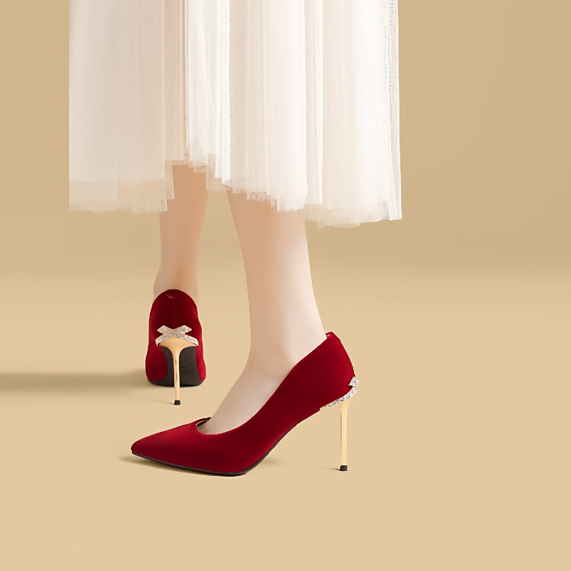 红色婚鞋女新娘高跟鞋尖头浅口蝴蝶水钻细跟高级感不累脚宴会单鞋,女鞋,婚鞋,淘宝优惠券,粉丝福利购,淘宝优惠卷