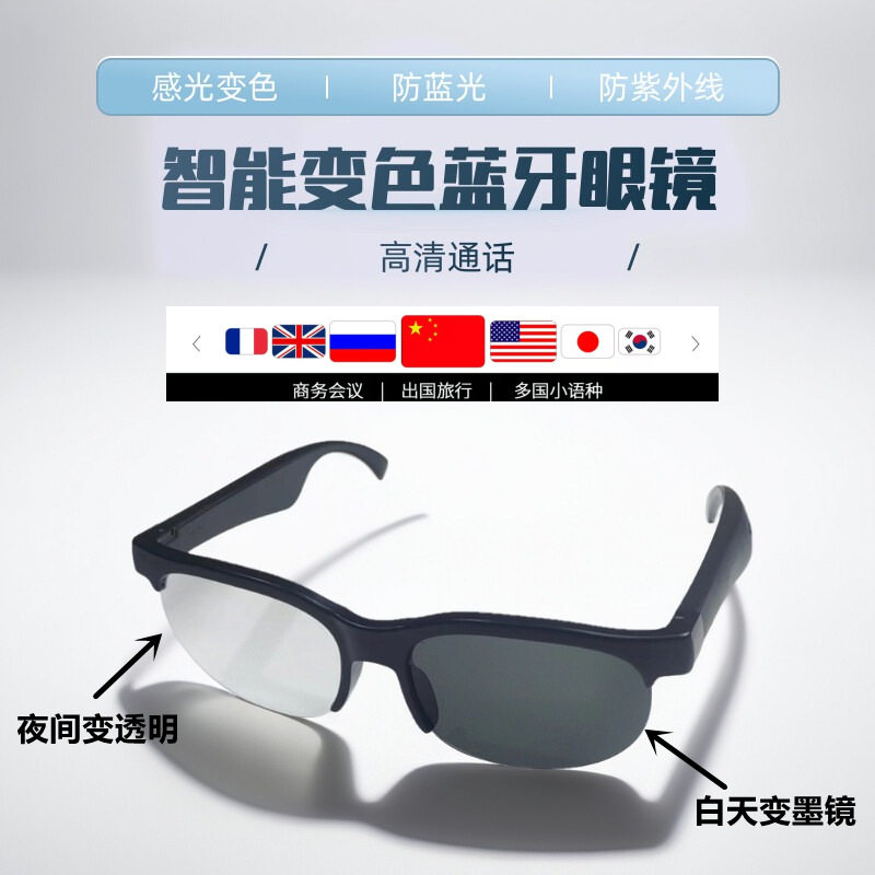 AI翻译互译蓝牙眼镜式智能耳机墨镜超轻无线音乐播放通话持久续航