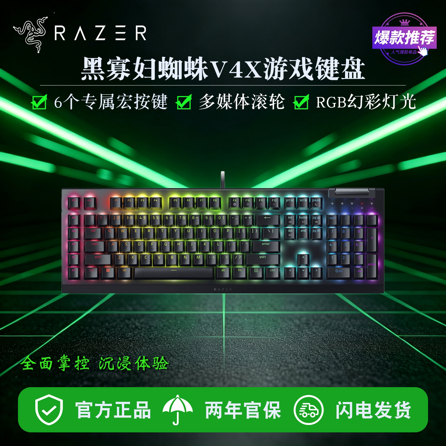 雷蛇（Razer）黑寡妇蜘蛛V4 X 游戏机械键盘 RGB背光电竞宏按键