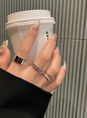 时尚个戒指女ins潮冷淡风小众设计简约套装嘻哈素圈食指戒指环