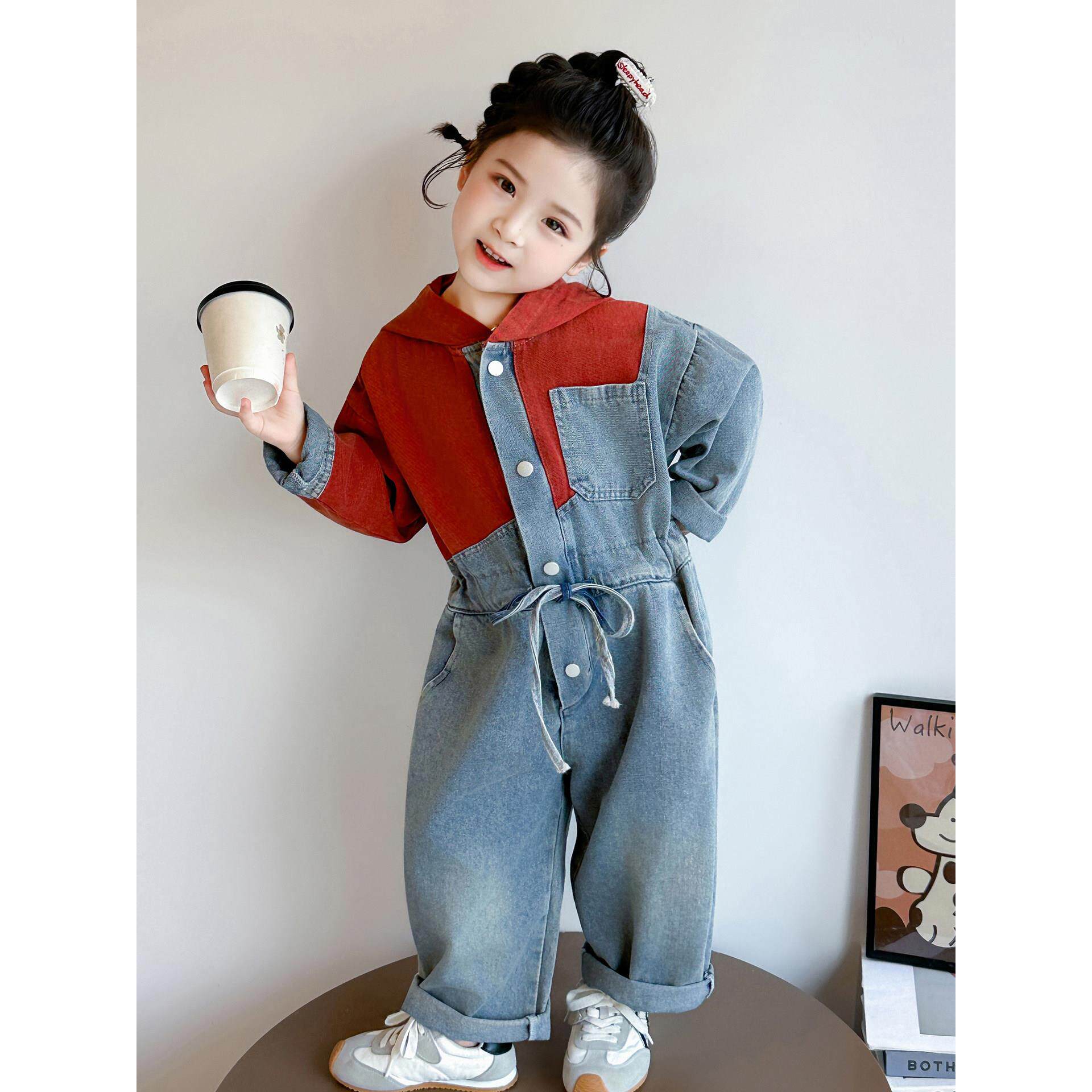 女童牛仔连体裤春秋装2026新款儿童韩版洋气工装裤长袖连体衣套装