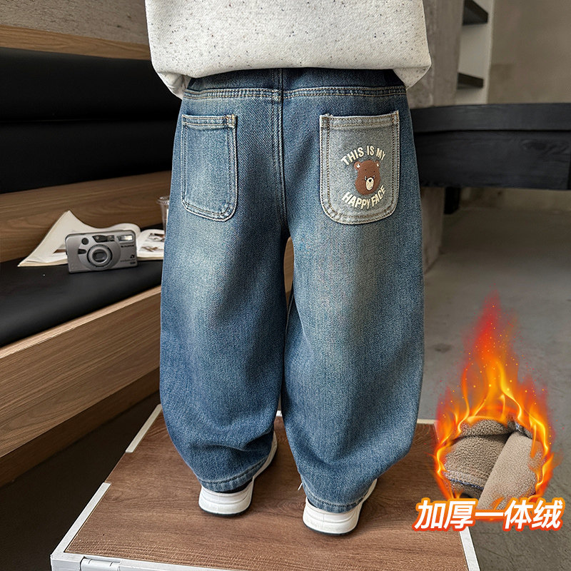 男童加绒牛仔裤秋冬装2025新款儿童一体绒裤子宝宝冬季加厚直筒裤