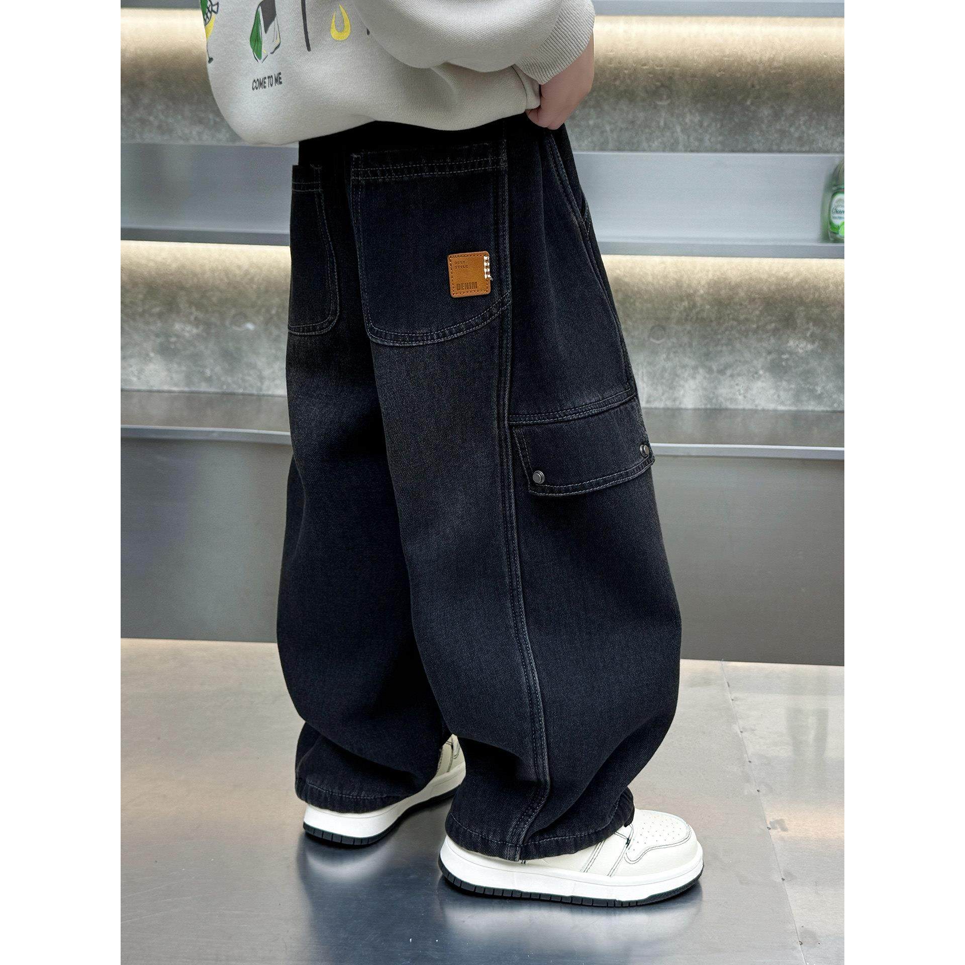 男童裤子秋冬装加绒裤儿童韩版一体绒牛仔裤2025新款直筒阔腿裤潮