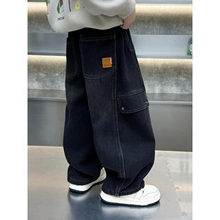 男童裤子秋冬装加绒裤儿童韩版一体绒牛仔裤2025新款直筒阔腿裤潮