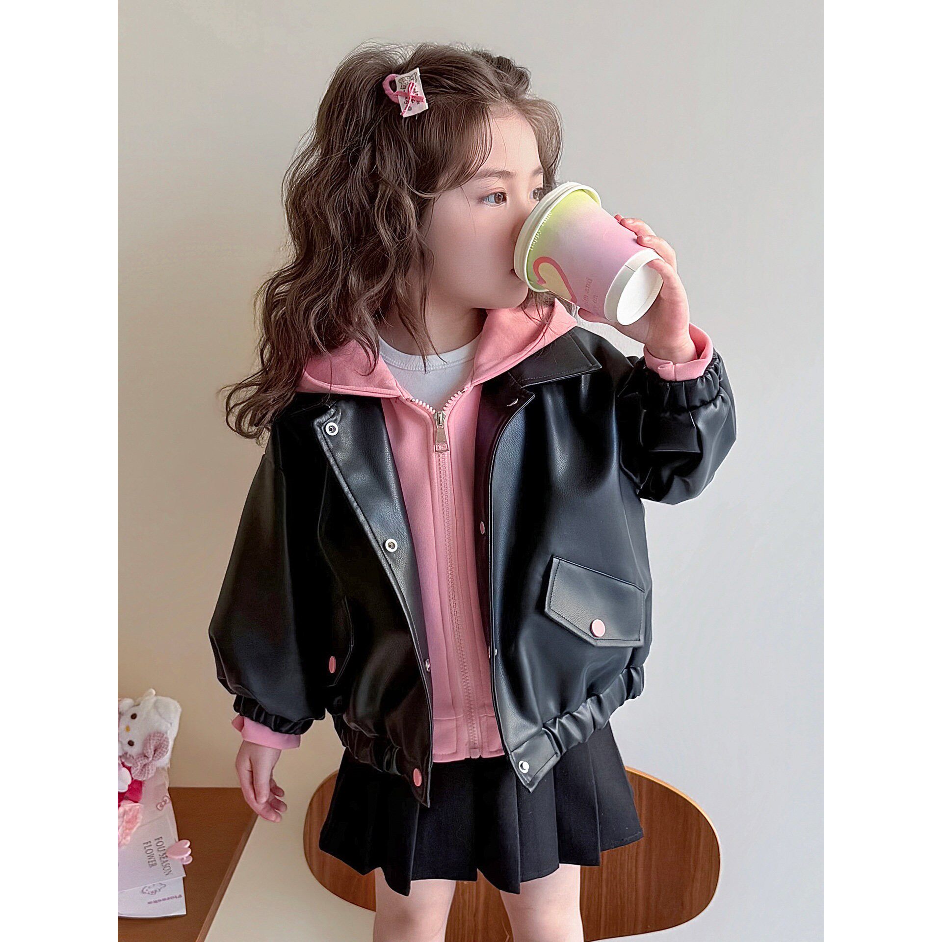 女童外套春秋款2026新款儿童韩版洋气假两件皮夹克衫女孩春装衣服