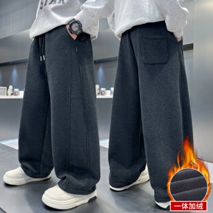 男童秋冬款卫裤加绒加厚2025新款大童冬季一体绒运动儿童直筒裤子