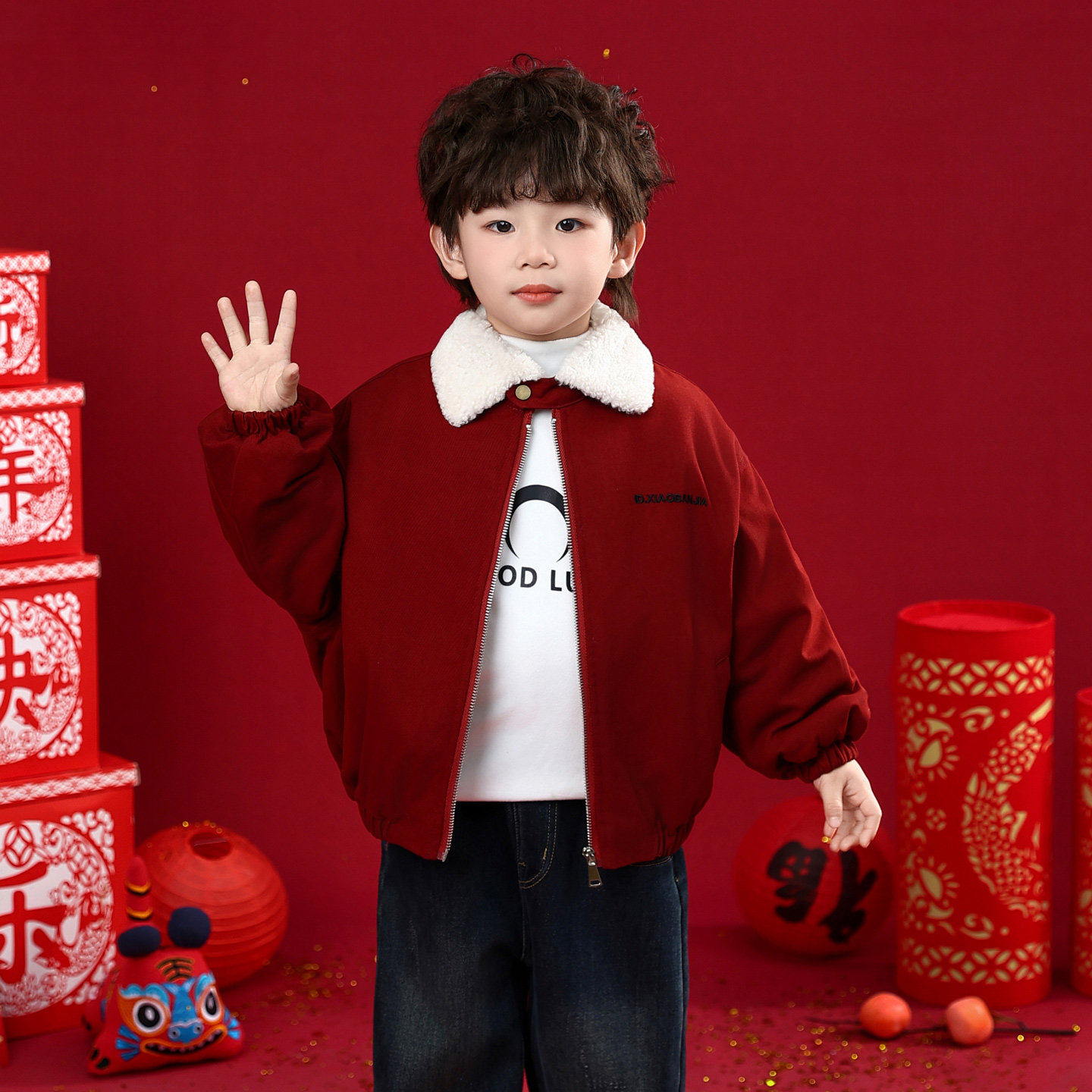 男童冬装夹克外套红色过新年衣服2026新款儿童加绒加厚棉袄拜年服