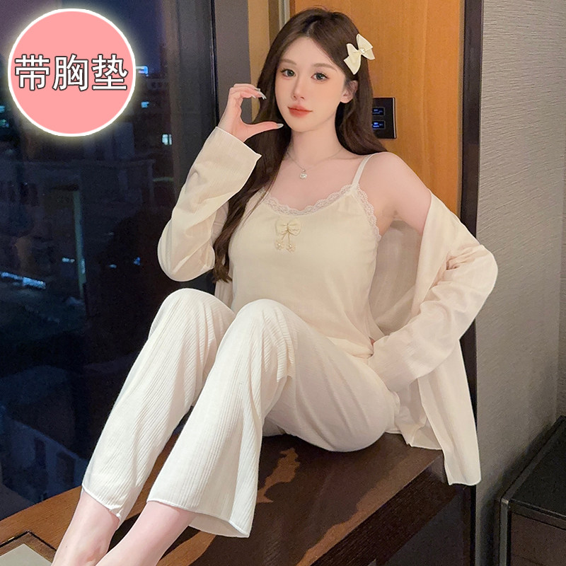 睡衣女春夏季性感吊带胸垫纯欲风长袖长裤三件套220斤孕妇家居服