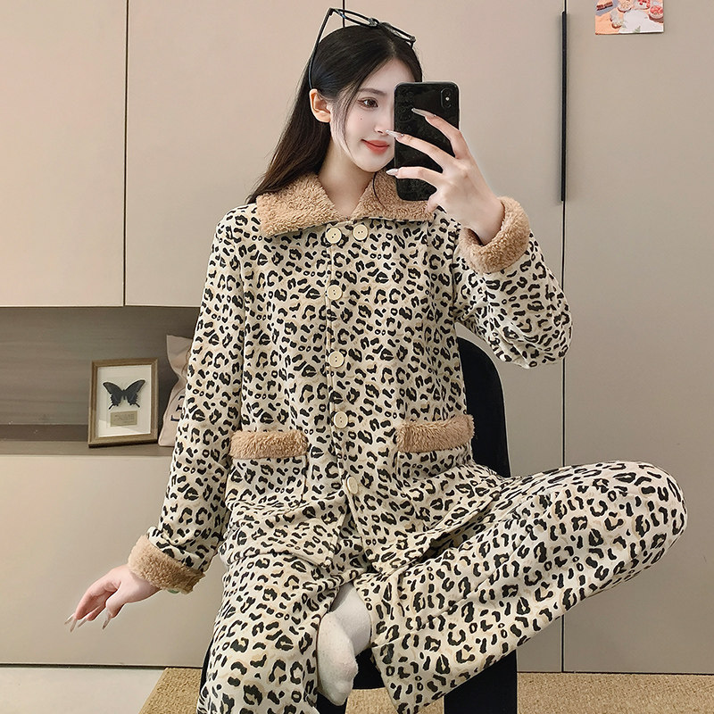 羊绒豹纹开衫加厚保暖睡衣套装
