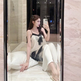 法式冰雪丝吊带睡衣女夏季薄款性感风美背可外穿带胸垫家居服套装