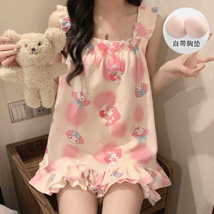 美乐蒂带胸垫睡衣女夏季新款甜美薄款泡泡棉吊带背心小个子家居服