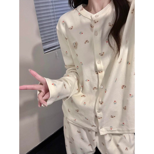 德绒保暖小熊开衫女睡衣套装