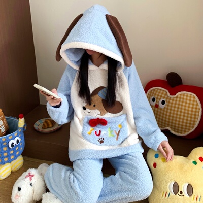 小狗连帽加厚保暖睡衣套装女款