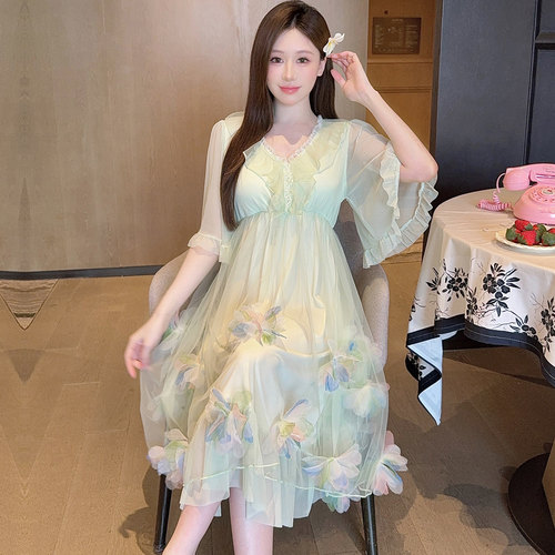 夏季带胸垫网纱蕾丝V领睡裙