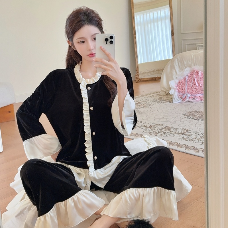 金丝绒女保暖开衫长袖睡衣套装