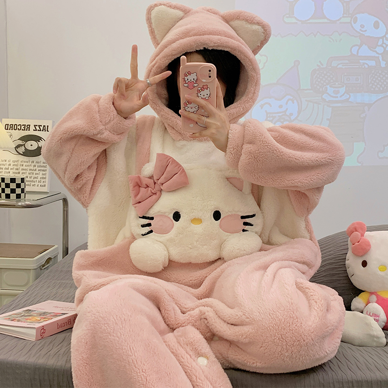 法兰绒连体睡衣女秋冬季加厚加绒