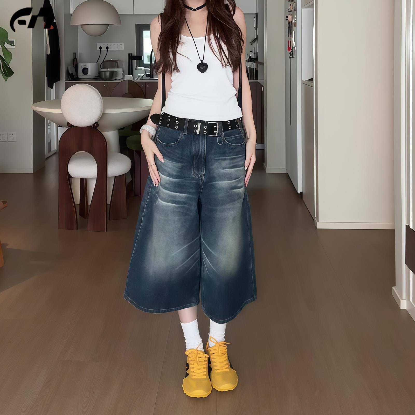 美式复古七分牛仔短裤女夏季2025新款高腰直筒水洗宽松阔腿中裤子