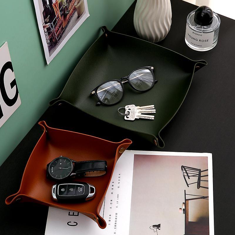 客厅玄关钥匙收纳盒桌面杂物整理北欧皮革置物化妆品口红皮质托盘