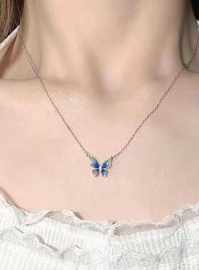 蓝色渐变蝴蝶项链女夏不掉色锁骨链高级小众设计新款配饰