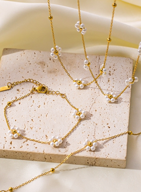 欧美春季手工串珠链条花朵项链锁骨链项饰饰品