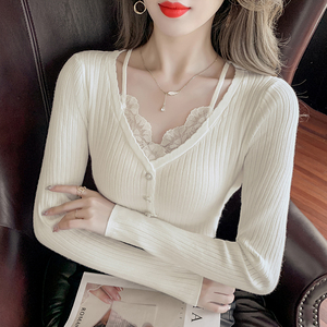 RM22286#新款蕾丝花边假两件长袖修身上衣小心机珍珠扣针织衫