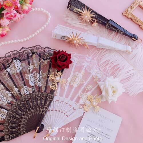 lolita蕾丝扇子华丽复古玫瑰折扇