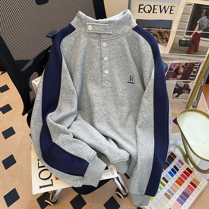 实拍纯棉华棉复合牛奶丝卫衣女2025初秋新款撞色薄款刺绣立领上衣