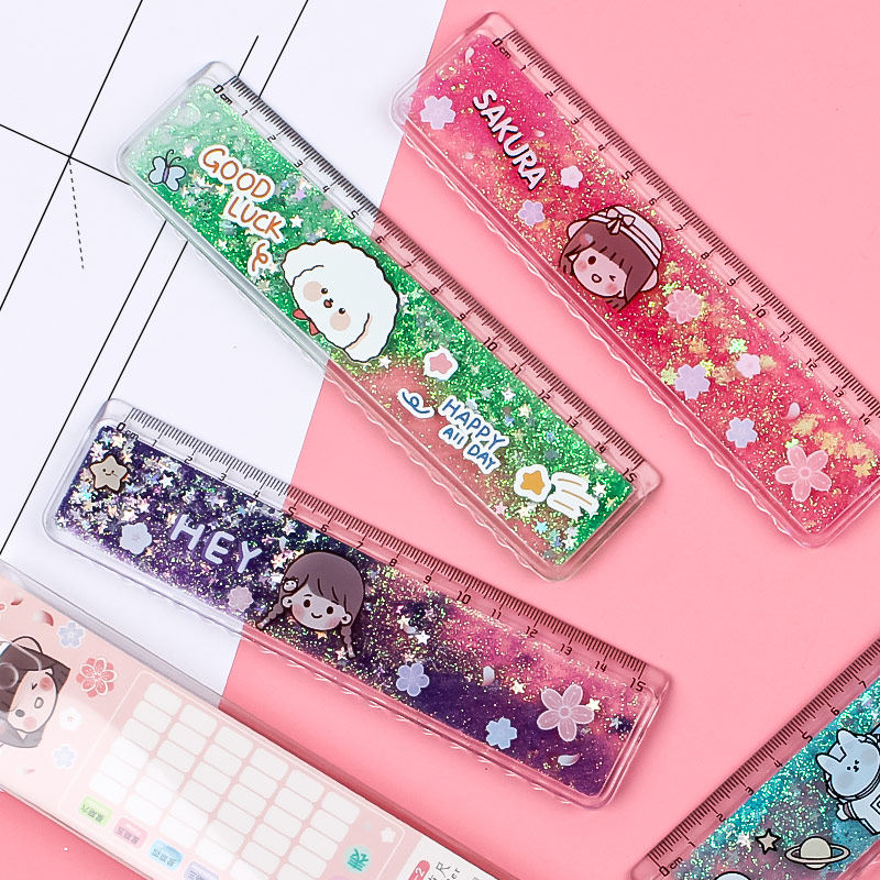 樱花流沙尺子带波浪线直尺小学生用可爱多功能绘图尺子网红卡通入油