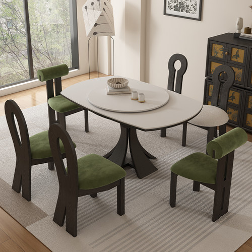 法式覆古风岩板餐桌椅可伸缩方圆两用家用小户型实木吃饭桌带转盘