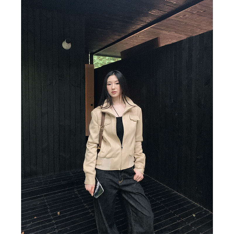 aassss春季新款美式覆古麂皮绒短款机车夹克外套女士韩系休闲 上