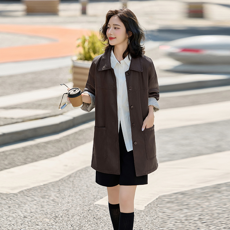 中长款皮衣外套女2025春秋新款单排扣高级感PU酷飒风皮夹克皮大衣