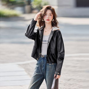 休闲设计感小众假两件连帽黑色皮衣女款 皮夹克 2025新款 小个子短款