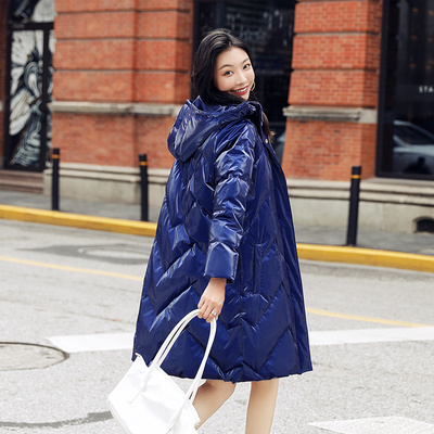 蓝色连帽羽绒服女中长款2025年冬季宽松显瘦加厚保暖白鸭绒外套