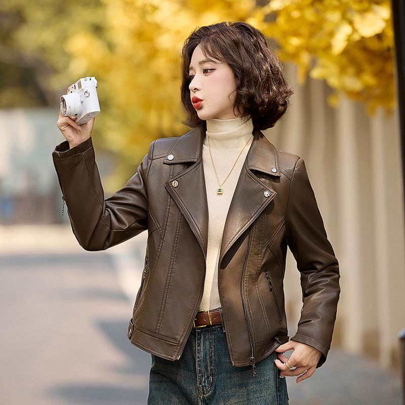 加绒加厚皮衣外套女2026冬季小个子洋气西装领百搭时尚流行机车服