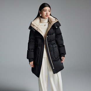 黑色连帽羽绒服女冬中长款2025新款90白鸭绒加厚高级感超好看外套