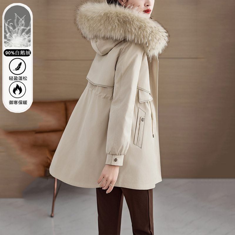 米色鹅绒派克服内胆可拆卸羽绒服