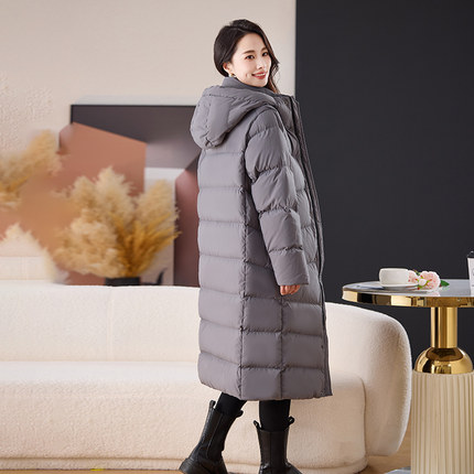灰色连帽羽绒服女中长款过膝2025年冬季新款宽松加厚保暖鸭绒外套